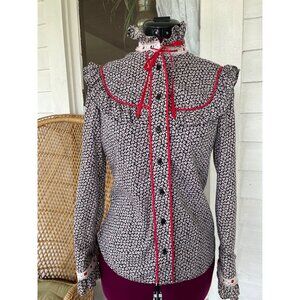 Vintage 1970s Floral Cotton Ruffle Western Shirt Black Red Size Small